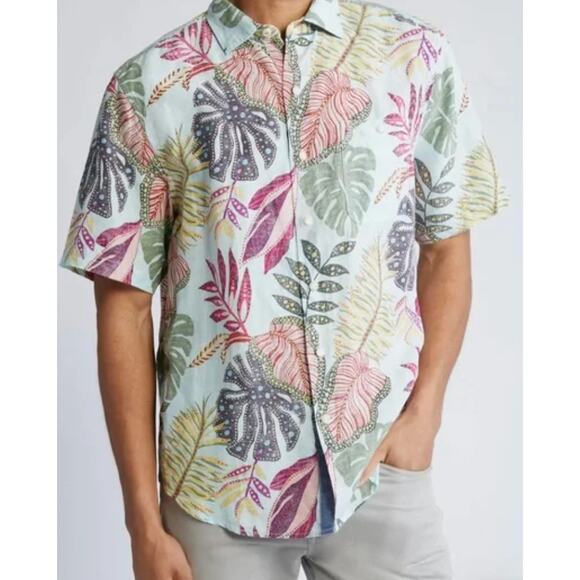 NWT Tommy Bahama Retro Vines Shirt Aqua M Linen TENCEL Hawaiian Island Print - Picture 1 of 8